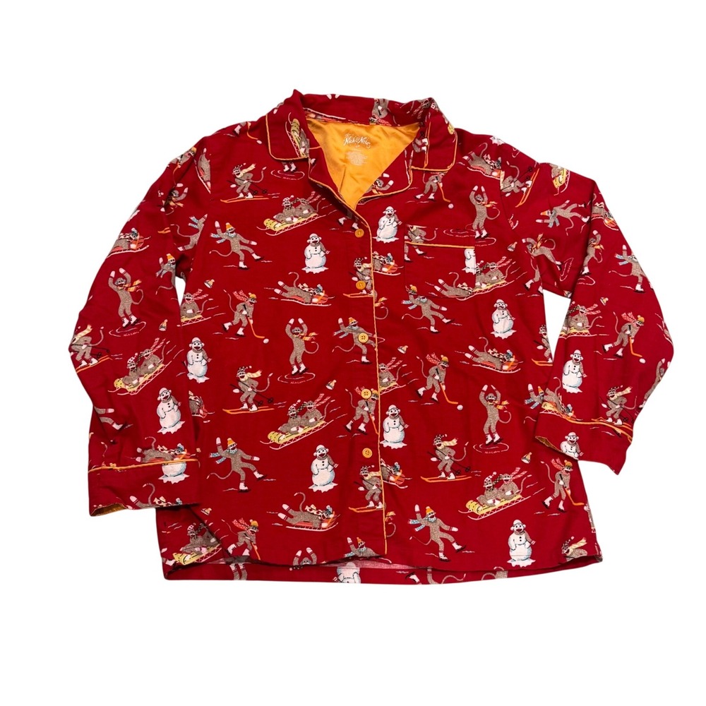 Nick & Nora Womens Red Sock Monkey Snowman Flannel Pajama Top Medium Christmas‎